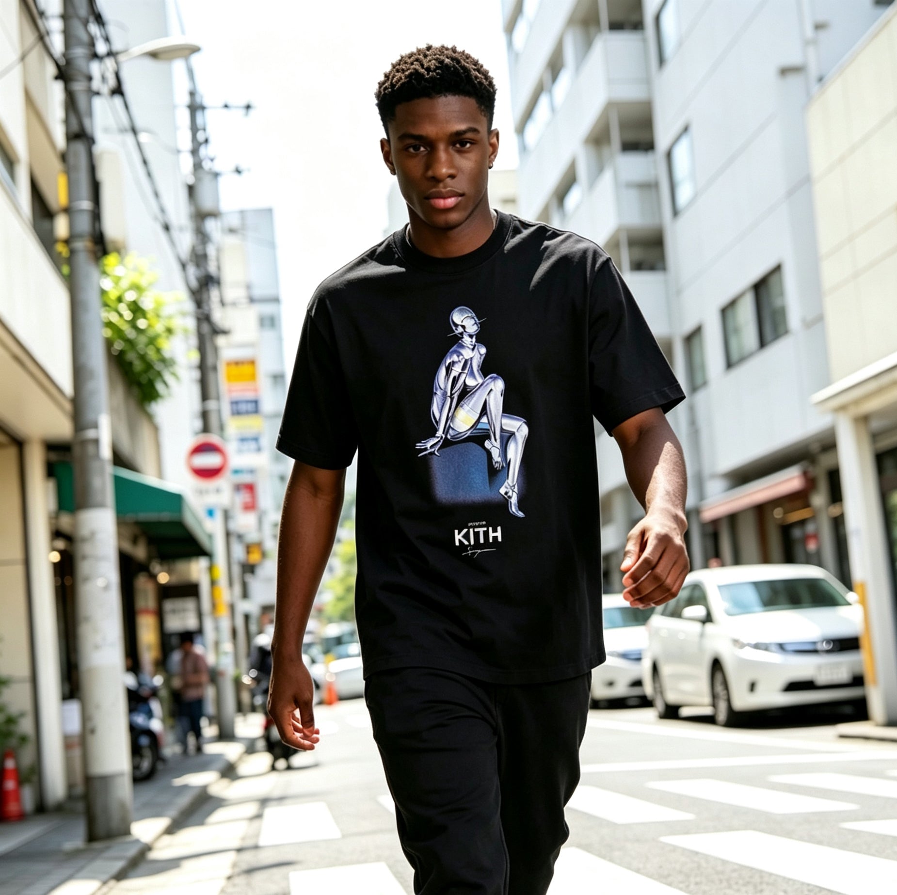 Kith For Nanzuka Gallery Sorayama Model A Stitch Tee Black β Mechanical Art, Dark Frame