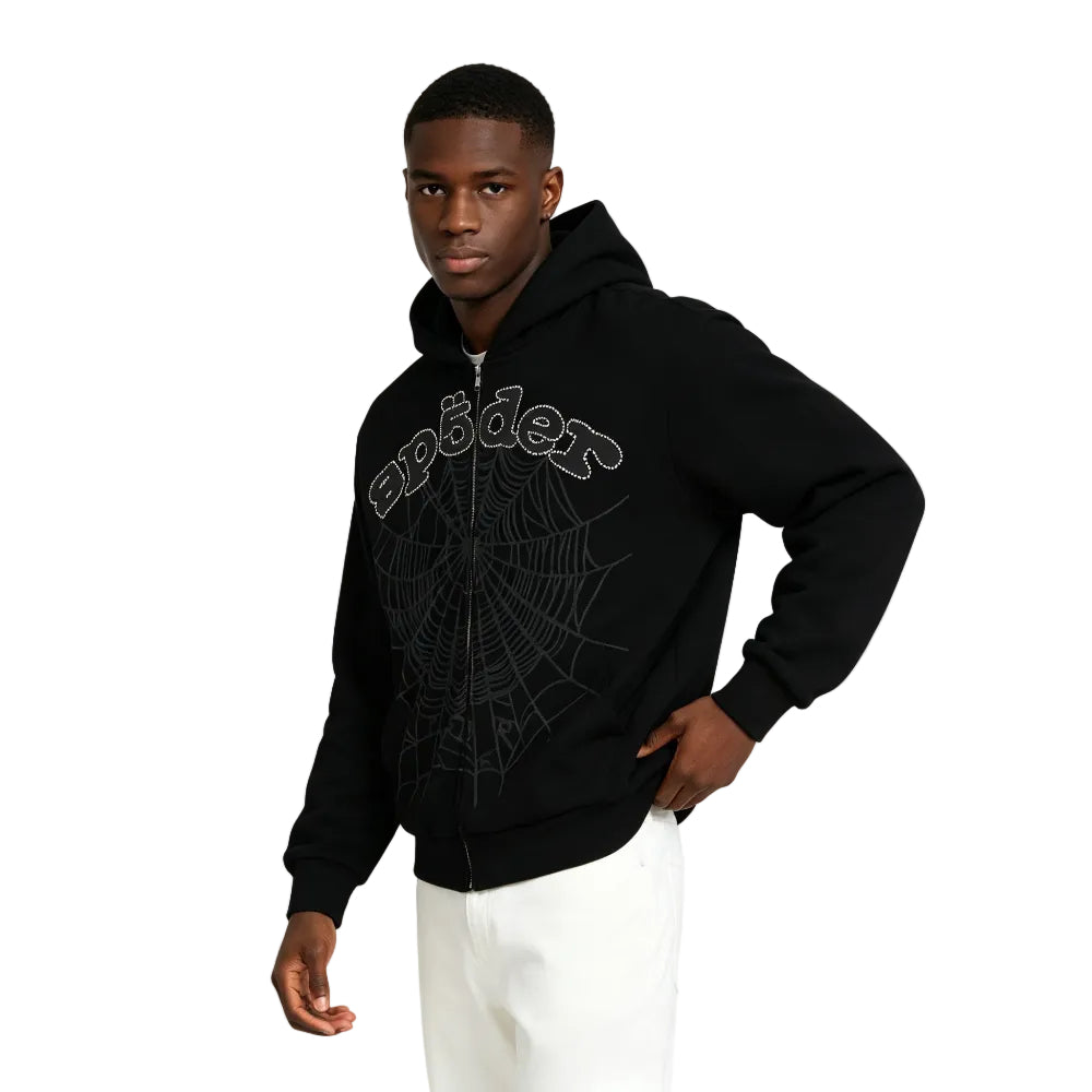 Sp5der OG Web V2 Rhinestone Zip Up Black
