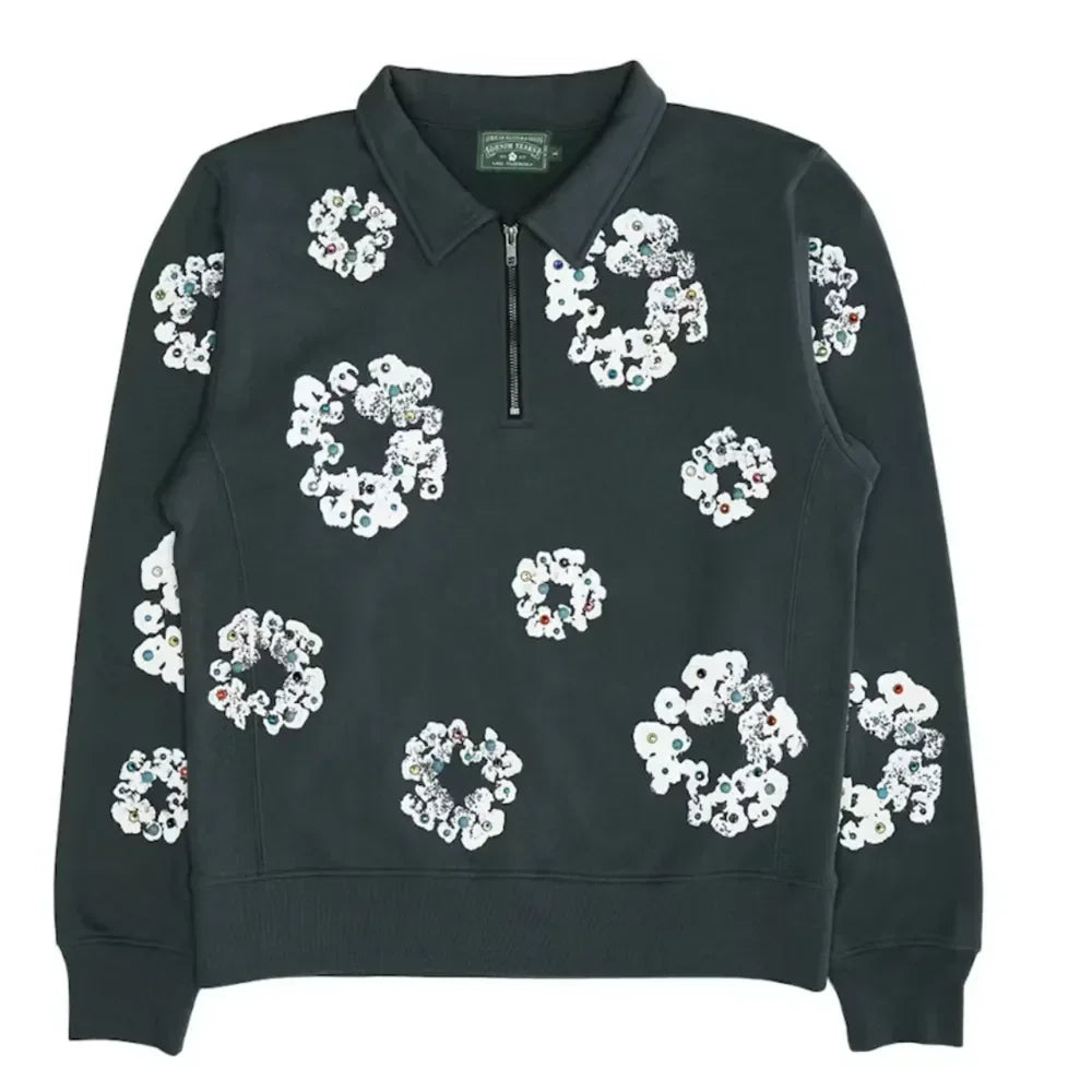 Denim Tears Rhinestone Wreath Half Zip Sweatshirt Black - AFV Clothes