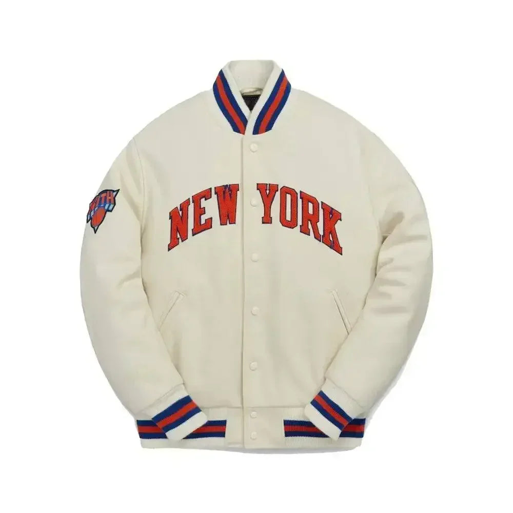 Kith New York Knicks Varsity Jacket White - AFV Clothes