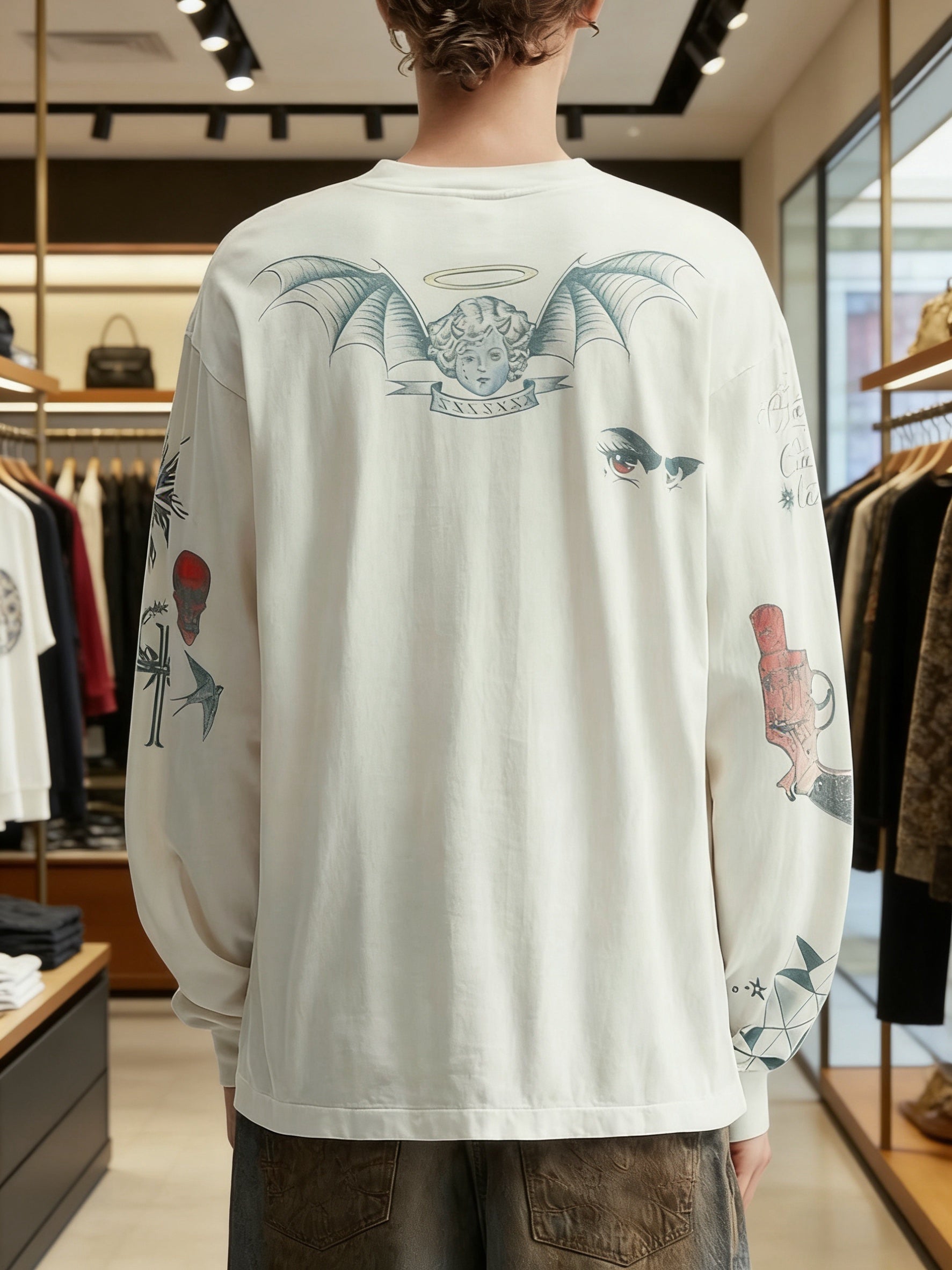 SAINT Mxxxxxx x Dr. Woo Tattoo Long-Sleeve Tee White — Fine-Line Edge, Washed Attitude
