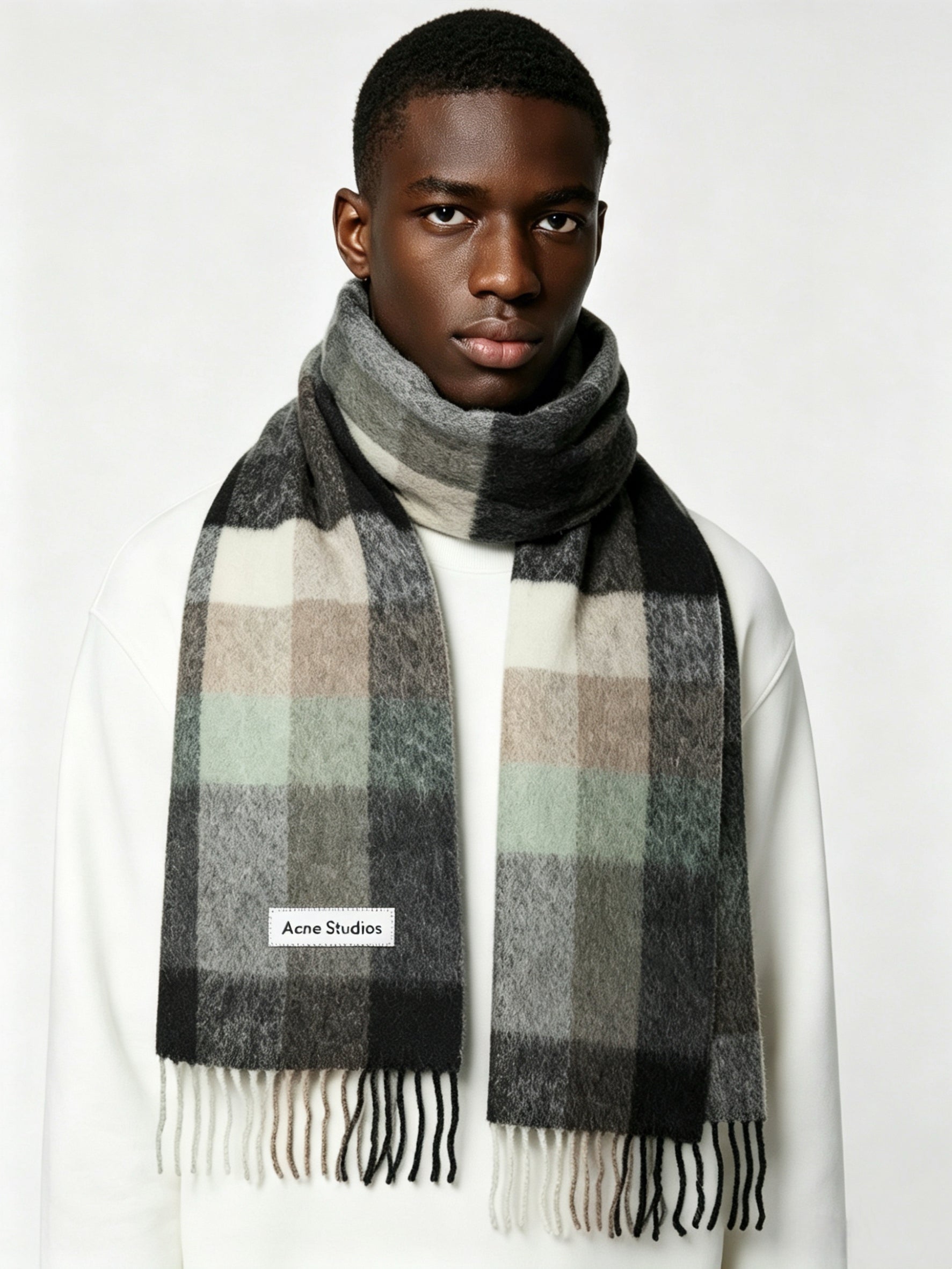 Acne Studios Mohair Checked Scarf Green Grey Black