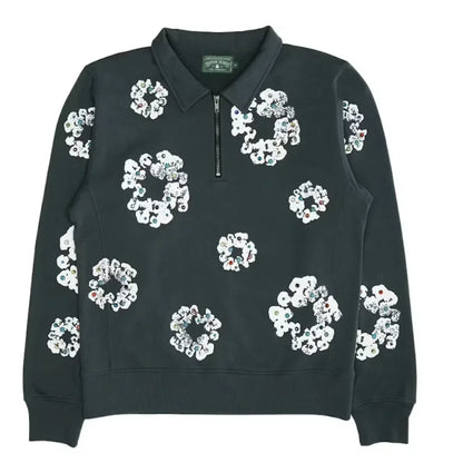 Denim Tears Rhinestone Wreath Half Zip Sweatshirt Black - AFV Clothes