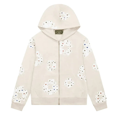 Denim Tears Rhinestone Wreath Zip Hoodie Oatmeal - AFV Clothes